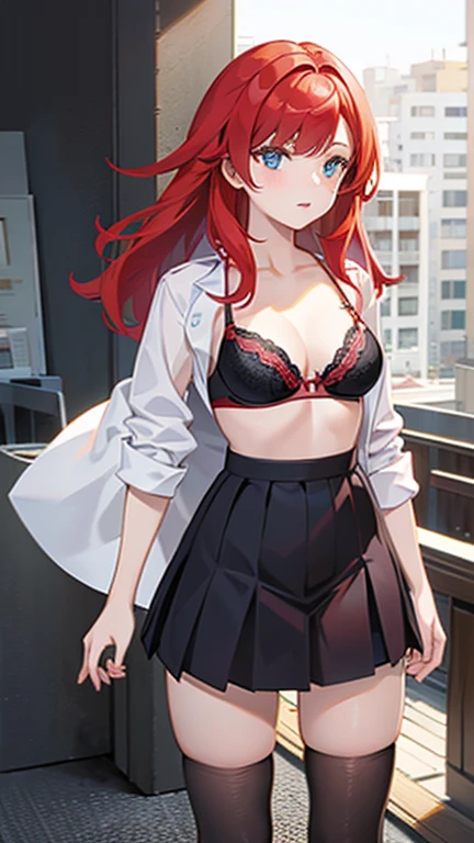 An anime girl with red hair and blue eyes wearing a skirt and an open shirt revealing her black and red bra