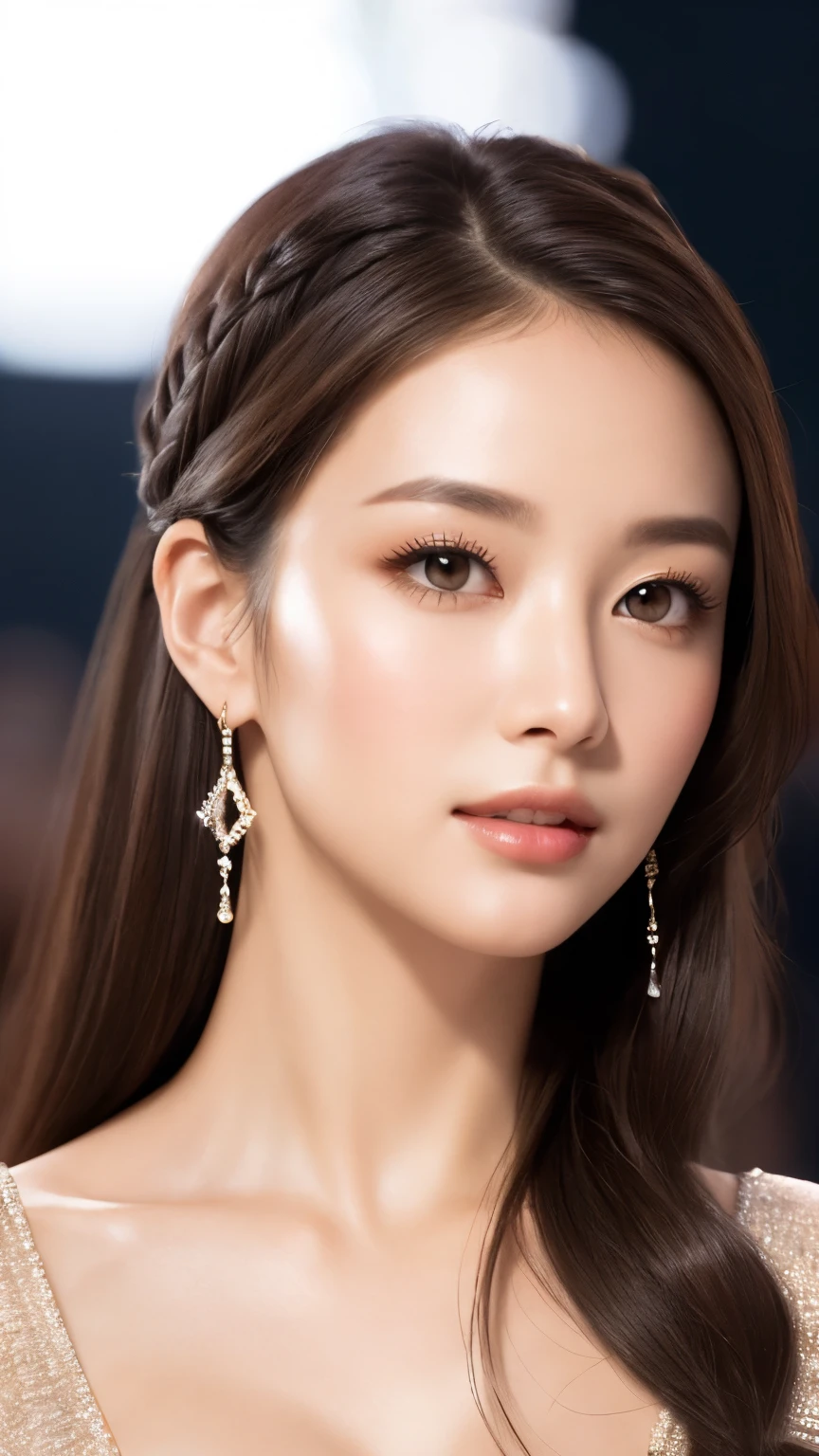 highest quality、Realistic、Photorealistic、Very detailed、Very delicate and beautiful、RAW Photos、Professional Lighting、Facial Light、Written boundary depth、Focus Only、Esbian all over,1 female (Beach at night):1.4)、Brown haired、Brown eyes、Small Head、Beautiful Eyes、Dark eyeliner、Very large breasts、True Face、Real Skin、A vivid face、Realistic Skin、Detailed eyes、Detailed facial features、Detailed characteristics of the garment、(Fashion Clothing:1.3) ), (Fashion Hairstyles: 1.3)、 Looking at the audience, Simple Background, Magnificent face and big, Beautiful Teeth、Cleavage