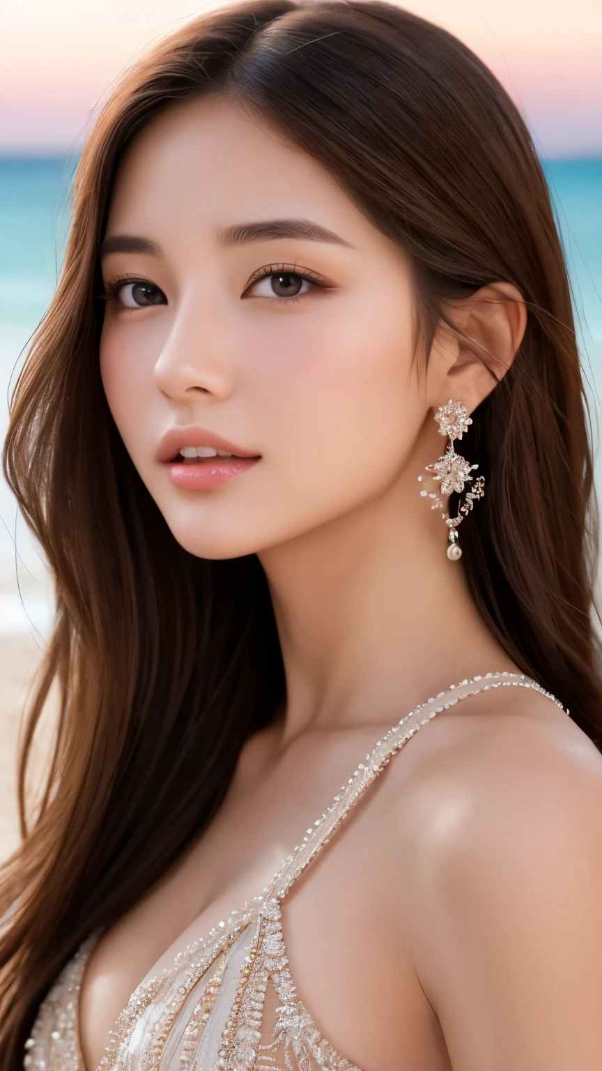 highest quality、Realistic、Photorealistic、Very detailed、Very delicate and beautiful、RAW Photos、Professional Lighting、Facial Light、Written boundary depth、Focus Only、Esbian all over,1 female (Beach at night):1.4)、Brown haired、Brown eyes、Small Head、Beautiful Eyes、Dark eyeliner、Very large breasts、True Face、Real Skin、A vivid face、Realistic Skin、Detailed eyes、Detailed facial features、Detailed characteristics of the garment、(Fashion Clothing:1.3) ), (Fashion Hairstyles: 1.3)、 Looking at the audience, Simple Background, Magnificent face and big, Beautiful Teeth、Cleavage
