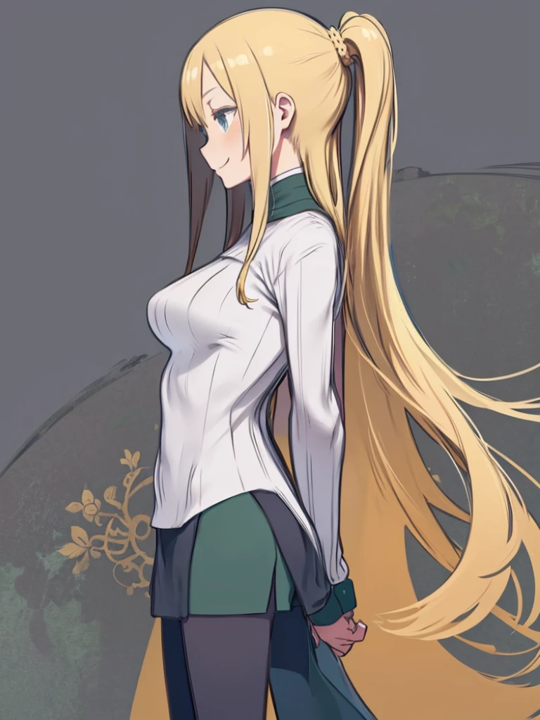masterpiece、highest quality、High resolution、Very detailed、((Flat Color))、Medium wide shot、(A woman with long blonde hair and big breasts)、((Angle from the side、profile))、Smiling、Are standing、Hands at your side、Simple Background、Green Turtleneck Sweater、Dark green pencil skirt、Dark green tights、
