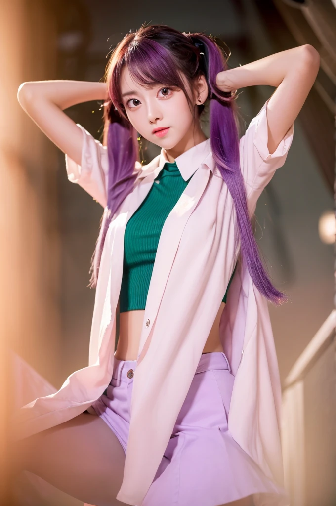 highest quality, Ultra-high resolution, cute, (K-Pop Idols), (Long twin tails), (Light purple hair:1), ((Big eyes)), I'm watching you, break ((Upper Body:1.3)), Front view,Long characters, Flowing silver hair and a slim build, Wearing black and white clothing, including thigh-high boots and gloves. Characters、She is in a dynamic pose surrounded by mystical purple crystals and energy.。, Characters、She is in a dynamic pose surrounded by mystical purple crystals and energy.。,Long characters, Flowing purple hair, Metallic top and black shorts、Wearing Thigh Boots. Costume includes straps and belt, Gives a futuristic or fantasy style. Charactersダイナミックなポーズをとっており、There is a radiant light and energy all around., Backdrop of minimalist abstract background,