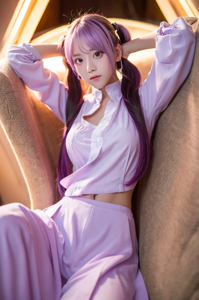 highest quality, Ultra-high resolution, cute, (K-Pop Idols), (Long twin tails), (Light purple hair:1), ((Big eyes)), I'm watching you, break ((Upper Body:1.3)), Front view,Long characters, Flowing silver hair and a slim build, Wearing black and white clothing, including thigh-high boots and gloves. Characters、She is in a dynamic pose surrounded by mystical purple crystals and energy.。, Characters、She is in a dynamic pose surrounded by mystical purple crystals and energy.。,Long characters, Flowing purple hair, Metallic top and black shorts、Wearing Thigh Boots. Costume includes straps and belt, Gives a futuristic or fantasy style. Charactersダイナミックなポーズをとっており、There is a radiant light and energy all around., Backdrop of minimalist abstract background,
