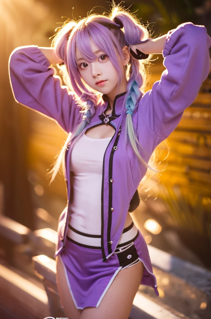 highest quality, Ultra-high resolution, cute, (K-Pop Idols), (Long twin tails), (Light purple hair:1), ((Big eyes)), I&#39;m watching you, break ((Upper Body:1.3)), Front view,Long characters, Flowing silver hair and a slim build, Wearing black and white clothing, including thigh-high boots and gloves. Characters、She is in a dynamic pose surrounded by mystical purple crystals and energy.。, Characters、She is in a dynamic pose surrounded by mystical purple crystals and energy.。,Long characters, Flowing purple hair, Metallic top and black shorts、Wearing Thigh Boots. Costume includes straps and belt, Gives a futuristic or fantasy style. Charactersダイナミックなポーズをとっており、There is a radiant light and energy all around., Backdrop of minimalist abstract background,