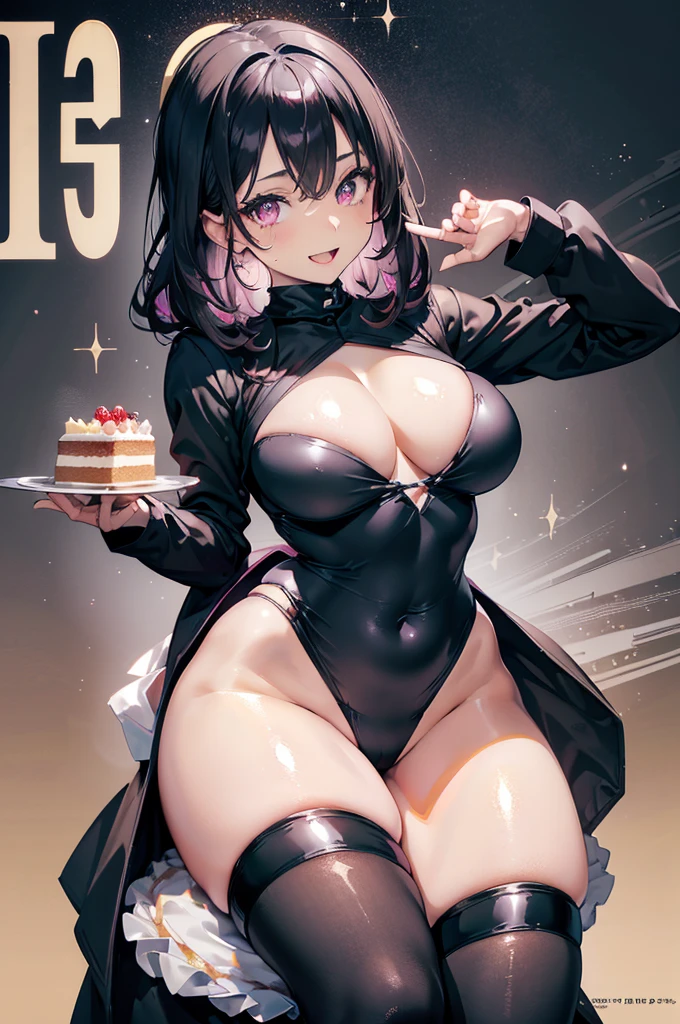 1 girl, small nose, very beautiful detailed face and eyes, bright colors, cute face, delicate beautiful face, Bright magenta eyes, cute eyes, sparkling eyes, Big eyes, (big breasts:1.3), (perky chest:1.1), (pointed chest:1.0), (cake magazine cover:1.3),highest quality, WorKs of masters, High resolution,BlacK color hair,shiny hair, side ponytail,hair between eyes,bangs, (black jacket, real clothes, cleavage, black skirts, black thighhighs, thigh strap, fingerless gloves, single glove:1.2) , spread legs, panties shot, medium hips, glamorous body, white skin, smile, thin pubric hair, super beautiful face, Super beautiful eyes, Super beautiful hair,trendy outfit,sexy and attractive,full body esbian, Real World, Natural light,perfect Natural light,(with sparkling eyes and a contagious smile), This masterpiece is not only visually stunning but also tells, make of cake cooking , in the kitchen, open mouth, looking at viewer,