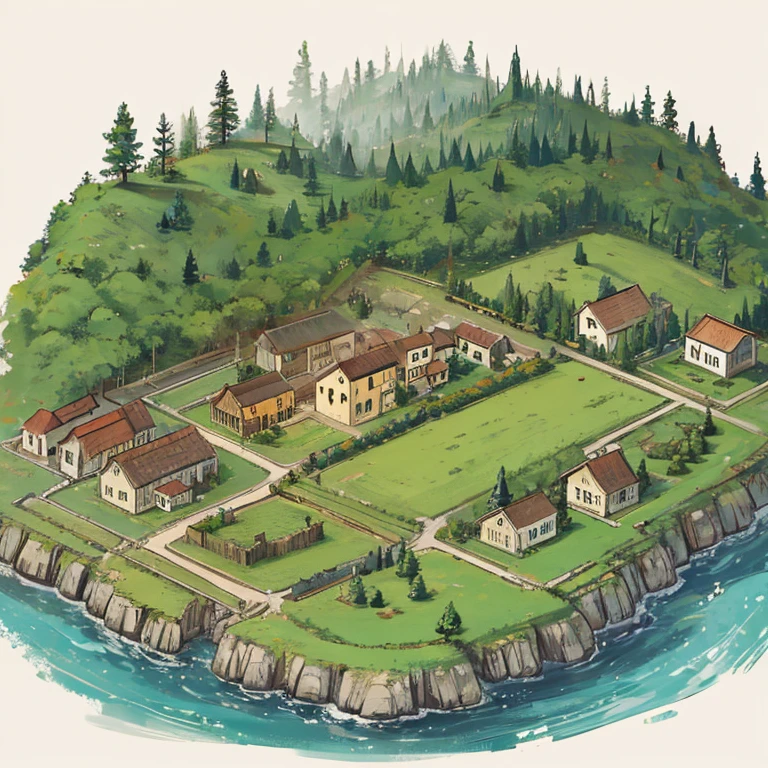 Desenho 2d ,  forest setting with a small medieval village with some houses around and no people around 