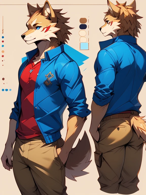 ( Absurdly , High quality , ultra detailed ) ,( hand detailed ) , 1boy, solo, teen, , (concept art, character sheet),absurdres(highly detailed beautiful face and eyes)perfect anatomy, (Male yellow-gold wolf), (((lean-body))) ((thin body)) (fit), (dark-blue eyes, (adventure, fantasy type clothing ((red-shirt, blue jacket, khaki pants))) (lighter chest fur) (multiple views) (sketch)
