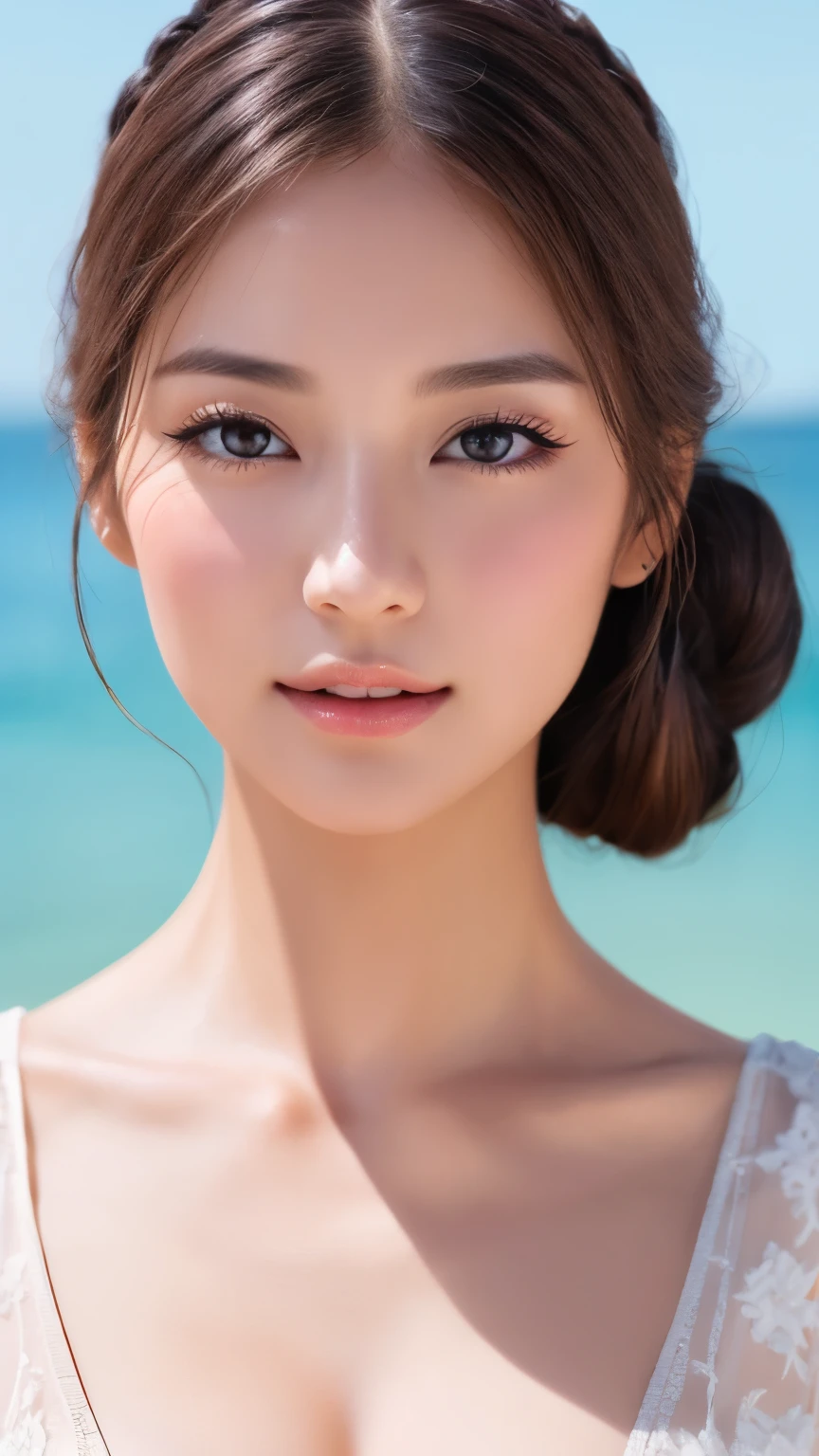 highest quality、Realistic、Photorealistic、Very detailed、Very delicate and beautiful、RAW Photos、Professional Lighting、Facial Light、Written boundary depth、Focus Only、Esbian all over,1 female (Beach at night):1.4)、Brown haired、Brown eyes、Small Head、Beautiful Eyes、Dark eyeliner、Very large breasts、True Face、Real Skin、A vivid face、Realistic Skin、Detailed eyes、Detailed facial features、Detailed characteristics of the garment、(Fashion Clothing:1.3) ), (Fashion Hairstyles: 1.3)、 Looking at the audience, Simple Background, Magnificent face and big, Beautiful Teeth、Cleavage