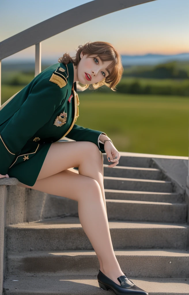 (highest quality, 4K, High resolution, masterpiece, Super detailed, Sit on the stairs、Landscape、Realistic anatomy, Photorealistic:1.37), Attractive mature woman, Senior military man, (Wearing the uniform of a Prussian Field Marshal), (Black double-breasted jacket decorated with medals), (Matching pencil skirt), (Matching shoulder cape), Prussian Field Marshal's Hat, Black Stockings, Heeled Boots, Chestnut Hair, Elegant chignon hairstyle, Standing majestically with the marshal's baton, This full-length portrait captures her imposing presence and power., Focus on the fine details of the uniform, Her number々Medals of, And her sharp gaze, This image evokes the aura of the experience, law, and the supreme power, With an impressive military headquarters in the background,