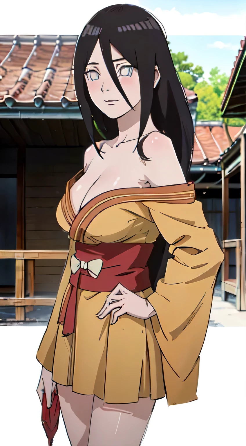 ((((masterpiece, best quality, high resolution)))), 1girl, average breasts, blush, light smile, parted lips, glow, thighs, bare shoulders, collarbone, narrow waist, cleavage, (masterpiece), (beautiful detailed face, beautiful detailed eyes), (hanabi\(boruto\)