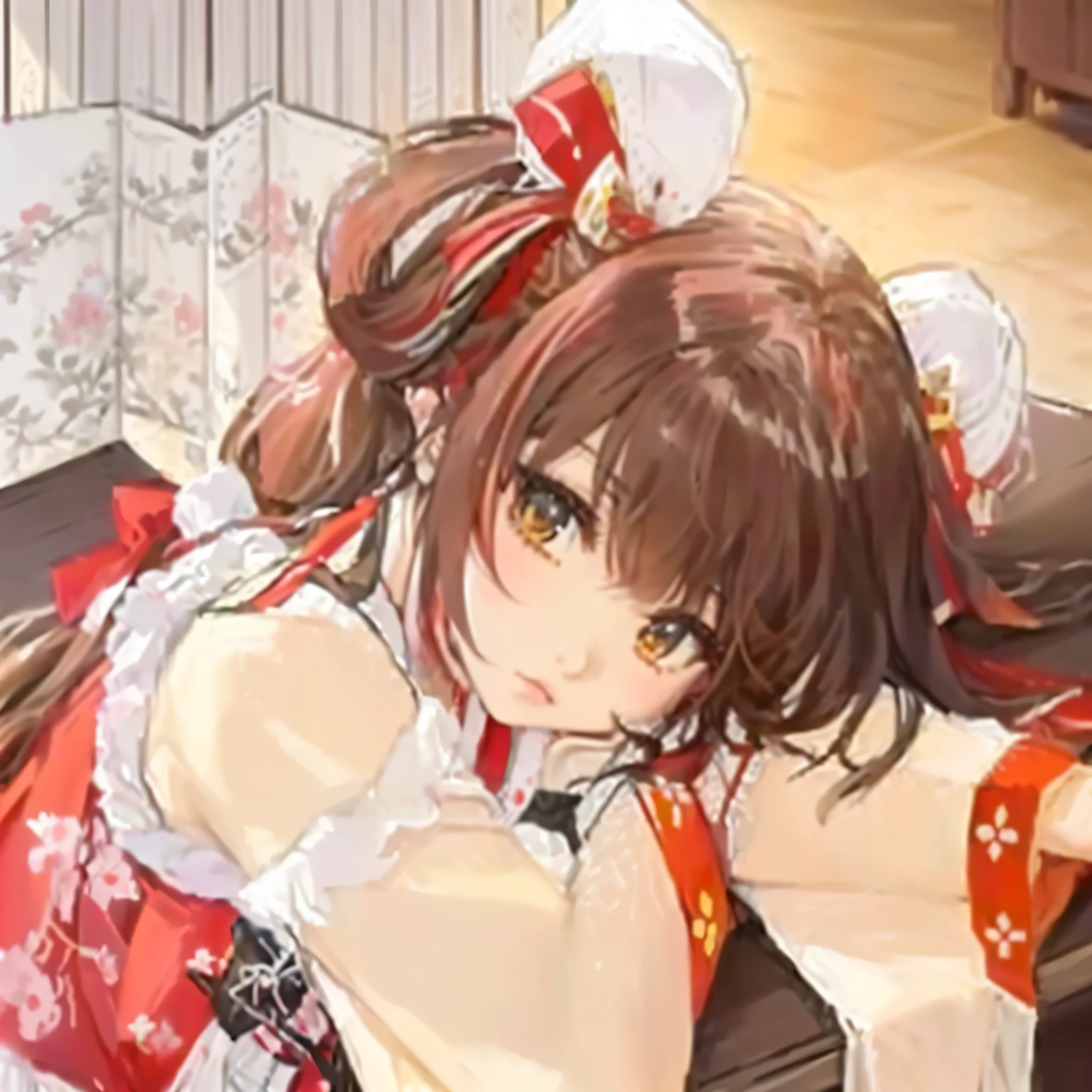Anime girl with long hair and red dress lying on the table, Reimu Hakurei, shikishi, everyone, shikamimi, honest, Yoshitomo Nara, ayaka genshin impact, Cute girl anime visuals, , Also, honest shinka