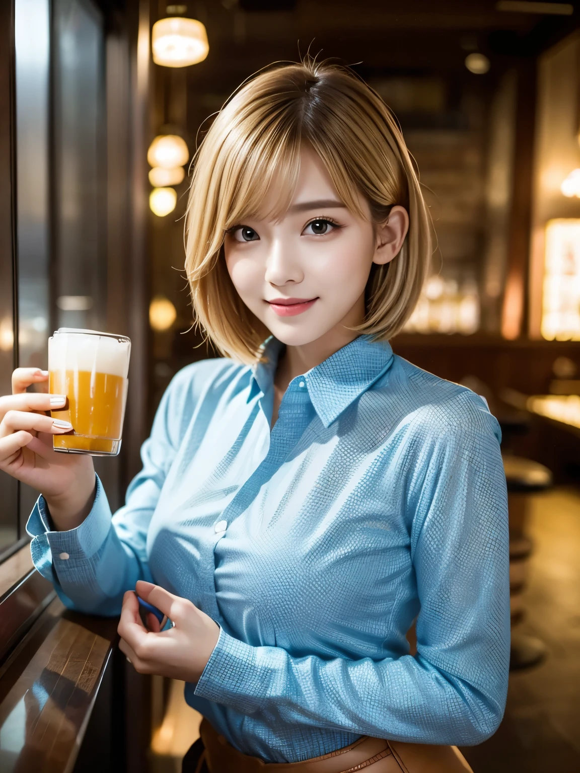 (masterpiece, best quality:1.1), (8k, raw photo, photo realistic:1.2, f22), (shiny skin), detailed skin, medium breast, blonde hair:1.3, medium bob hair, detailed face, detailed eyes, smile, BREAK, real world, intricate details, smil, BREAK, 1girl, full body, (long sleeve shirt:1.4), BREAK, (bar:1.3)