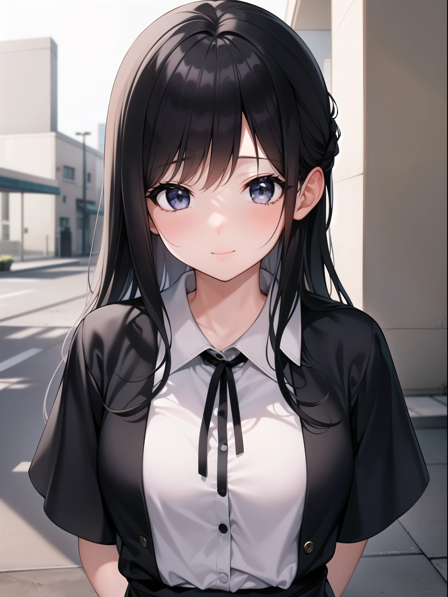 A girl taking a commemorative photo。Black Hair。White-based clothing