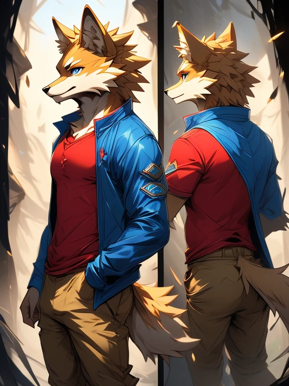 ( Absurdly , High quality , ultra detailed ) ,( hand detailed ) , 1boy, solo, , , (concept art, character sheet, character sketch),absurdres(highly detailed beautiful face and eyes)perfect anatomy, (Male yellow-gold wolf), (((lean-body))) ((thin body)) (fit), (dark-blue eyes, (adventure, fantasy type clothing ((red-shirt, blue jacket, khaki pants))) (lighter chest fur) (multiple views) (sketch), intense eyes, intense posture, intense fox wolf