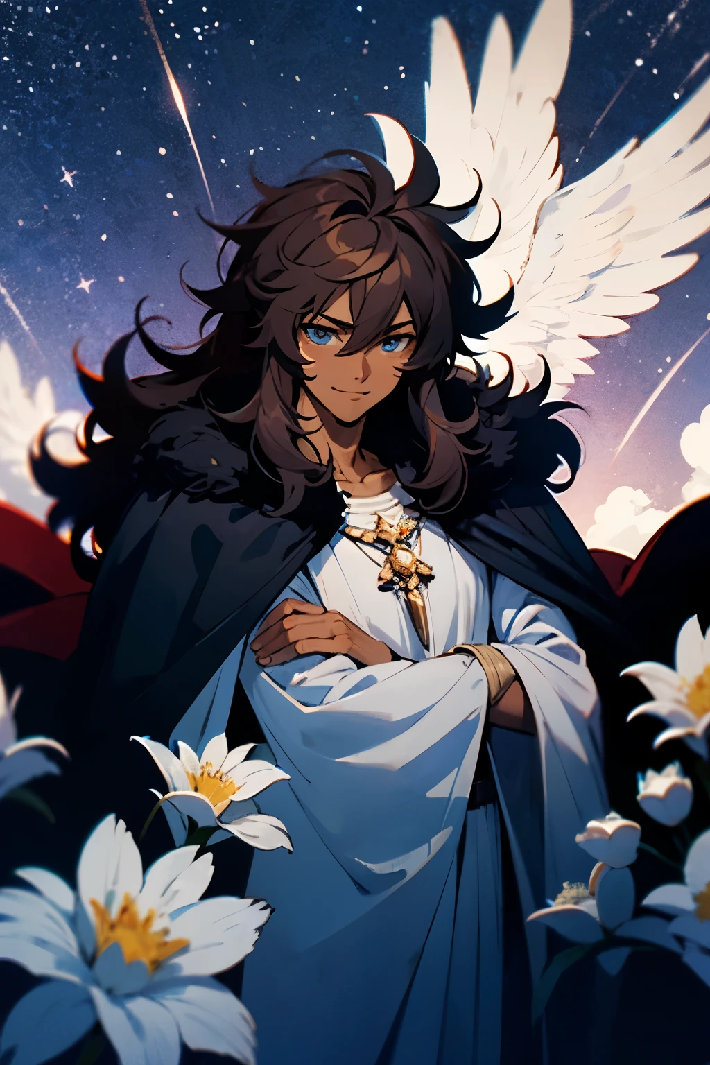 dark skin, tan skin, blue eyes, black hair, long hair, messy hair, fluffy hair, fluffy bangs, brown cape, white flowers, starry sky, male, masculine, pretty, bishounen, cape, cloak, dreamcatcher, smile, feathered robes, merlin fgo, wild hair, spikey hair, very long hair, shaggy hair, bangs, happy