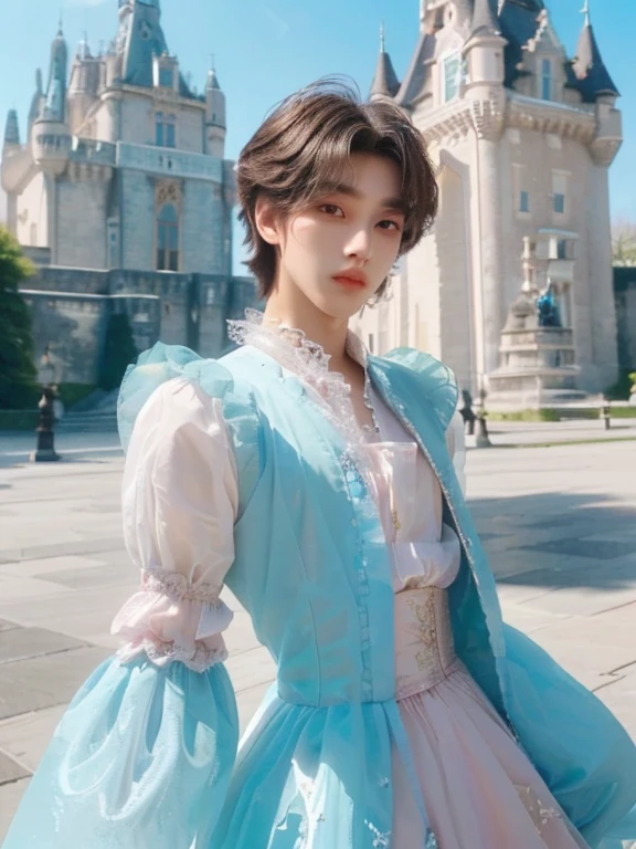 um close de um garoto com um vestido perto de um castelo, delicate androgynous prince, Handsome androgynous prince, roupas estilo fantasia, rococo dress, traje estilo vitoriano, garoto afeminado, big eyes, effeminate boy, pretty face, asian boy, korean, Asian, coreano