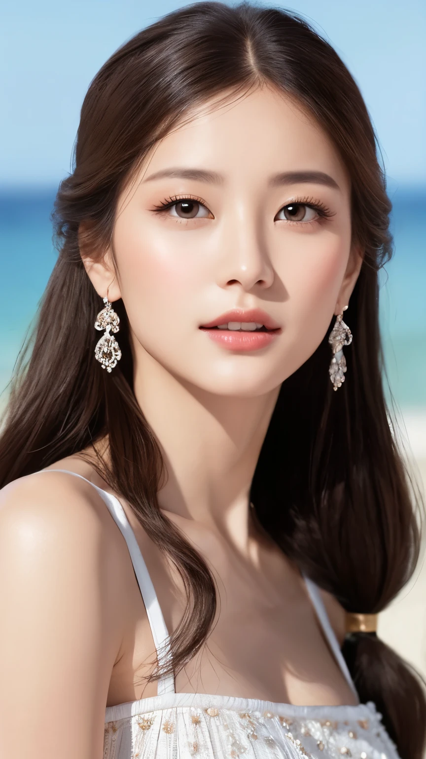 highest quality、Realistic、Photorealistic、Very detailed、Very delicate and beautiful、RAW Photos、Professional Lighting、Facial Light、Written boundary depth、Focus Only、Esbian all over,1 female (Beach at night):1.4)、Brown haired、Brown eyes、Small Head、Beautiful Eyes、Dark eyeliner、Very large breasts、True Face、Real Skin、A vivid face、Realistic Skin、Detailed eyes、Detailed facial features、Detailed characteristics of the garment、(Fashion Clothing:1.3) ), (Fashion Hairstyles: 1.3)、 Looking at the audience, Simple Background, Magnificent face and big, Beautiful Teeth