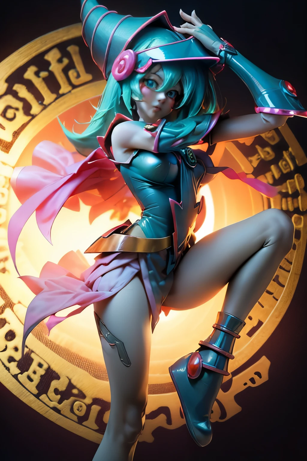 Hatsune Miku disfrazada de dark magician gils. Pose sensual y seductora. Fondo de magia