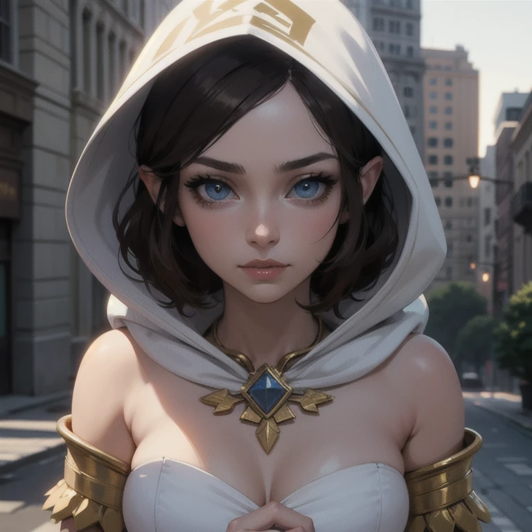 A full-body shot of topless Princess Zelda, brown hair, blue eyes, dressed as an Assassin from Assassins Creed, in white+gold witha white mask and hood with gold details, XL bust, using a wrist blade. Background: A city during the renaissance period. Unreal Engine 5, Anime, Anime style, Masterpiece, Well drawn eyes, well drawn face, well detailed eyes, well detailed face, 8k, light and shadow effect.