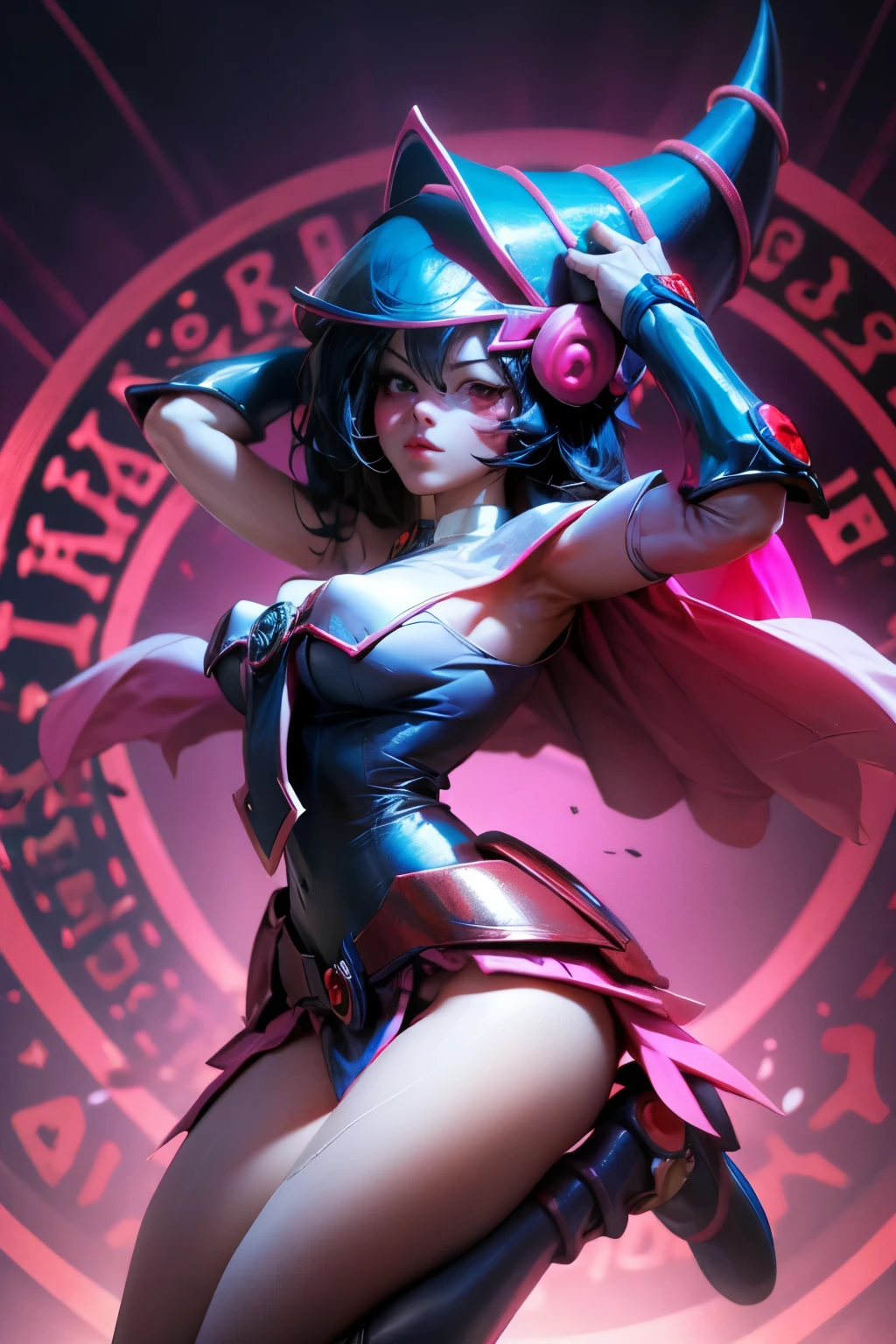 dark magician gils.  Cabello rubio y largo. Ojos azules. Labios rojos. Pose sensual y seductora. Fondo de magia 