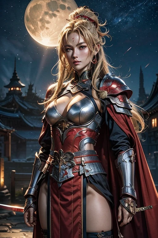 A female warrior wearing metallic red armor and a blue cloak、Sengoku Warlords、Yang Duanhe、battlefield、In combat、Blonde updo、Three red dots on the forehead、((Holds two long swords))、Two sheaths on the waist、Confident face、Looking from above、very beautiful、A beautiful woman、Highly detailed costume、8K,highest quality, masterpiece、Ultra-high resolution、Portrait, Official Art、1 girl、Beautiful woman with perfect body、Full body image, Glowing Skin、(Glossy lips、Highly detailed face and skin texture、Detailed Eyes、double eyelid)、Sharp long legs、City wall in background、night、Starry Sky、full moon