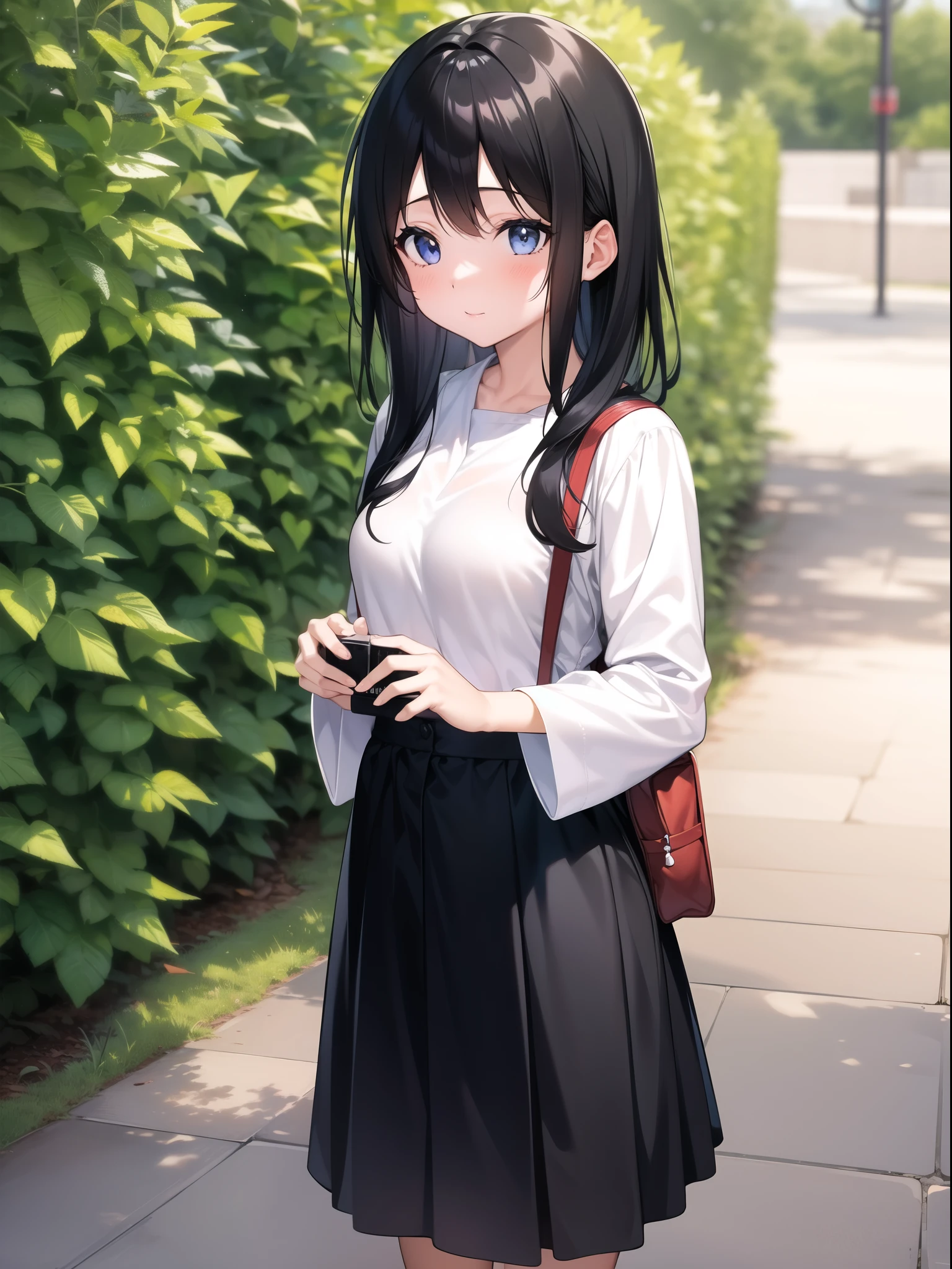 A girl taking a commemorative photo。Black Hair。White-based clothing