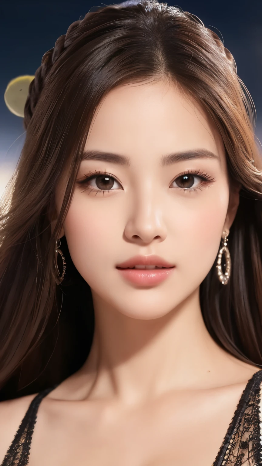 highest quality、Realistic、Photorealistic、Very detailed、Very delicate and beautiful、RAW Photos、Professional Lighting、Facial Light、Written boundary depth、Focus Only、Esbian all over,1 female (Beach at night):1.4)、Brown haired、Brown eyes、Small Head、Beautiful Eyes、Dark eyeliner、Very large breasts、True Face、Real Skin、A vivid face、Realistic Skin、Detailed eyes、Detailed facial features、Detailed characteristics of the garment、(Fashion Clothing:1.3) ), (Fashion Hairstyles: 1.3)、 Looking at the audience, Simple Background, Magnificent face and big, Beautiful Teeth、Cleavage