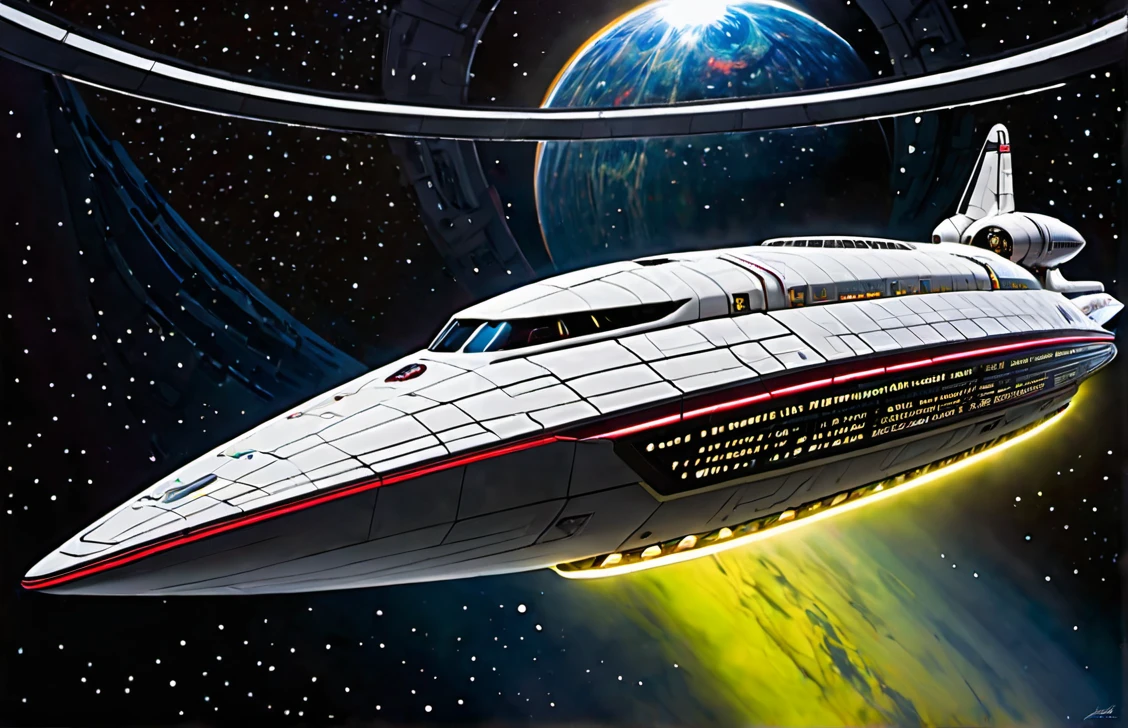 A  highly detailed, photorealist, hyperdetailed, masterpiece, seamlessly blending the artistic styles of J. Michael Straczynski and Leonardo Da Vinci.The subject of the new portrait showcases an extraordinary, futuristic sci-fi portrait of an immense starship. The primary colors of the starship are neon gold and ruby red, creating a striking contrast against the vastness of space. Cream-colored crystalline nacelles, elegantly angled at 75 degrees, emit a mesmerizing neon yellow light, adding to the ship's futuristic allure.The design of the starship draws inspiration from the visionary styles of Jules Verne, the intricate mechanical sketches of Leonardo Da Vinci, & Edgar Rice Burroughs. Its silhouette echoes the iconic Agamemnon from Babylon 5, featuring distinctive elements such as a rounded 1974 Winnebago-inspired cylindrical bridge. This bridge commands attention with its impressive dimensions: 108 feet in length, 72 feet in width, and towering 36 ft high above from the 48 ft cobalt platinum industrial supports, that come up from the base of the ship. Moving along the starship, the cylindrical middle section extends 36 ft in height,288 feet in length, and spans144 ft in width, showcasing intricate details and geometric patterns that reflect both artistic mastery and advanced technology.The mid section is only 24 ft, up from the base,with industrial wired platinum cobalt steel supports. The sleek design base, similar to a Freightliner, that stretches a staggering 576 ft in length,48 ft high , & 820 ft wide emphasizing the ship's immense scale and capability. Against the backdrop of deep space, speckled with distant stars and nebulae, the starship exudes a sense of grandeur and exploration. The play of light and shadow across its surfaces enhances the realism of the painting, highlighting every curve, panel, and intricate detail of its construction. This futuristic masterpiece invites viewers to imagine the possibilities of space exploration and tech