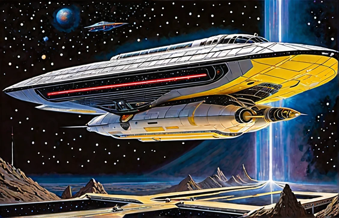 A  highly detailed, photorealist, hyperdetailed, masterpiece, seamlessly blending the artistic styles of J. Michael Straczynski and Leonardo Da Vinci.The subject of the new portrait showcases an extraordinary, futuristic sci-fi portrait of an immense starship. The primary colors of the starship are neon gold and ruby red, creating a striking contrast against the vastness of space. Cream-colored crystalline nacelles, elegantly angled at 75 degrees, emit a mesmerizing neon yellow light, adding to the ship's futuristic allure.The design of the starship draws inspiration from the visionary styles of Jules Verne, the intricate mechanical sketches of Leonardo Da Vinci, & Edgar Rice Burroughs. Its silhouette echoes the iconic Agamemnon from Babylon 5, featuring distinctive elements such as a rounded 1974 Winnebago-inspired cylindrical bridge. This bridge commands attention with its impressive dimensions: 108 feet in length, 72 feet in width, and towering 36 ft high above from the 48 ft cobalt platinum industrial supports, that come up from the base of the ship. Moving along the starship, the cylindrical middle section extends 36 ft in height,288 feet in length, and spans144 ft in width, showcasing intricate details and geometric patterns that reflect both artistic mastery and advanced technology.The mid section is only 24 ft, up from the base,with industrial wired platinum cobalt steel supports. The sleek design base, similar to a Freightliner, that stretches a staggering 576 ft in length,48 ft high , & 820 ft wide emphasizing the ship's immense scale and capability. Against the backdrop of deep space, speckled with distant stars and nebulae, the starship exudes a sense of grandeur and exploration. The play of light and shadow across its surfaces enhances the realism of the painting, highlighting every curve, panel, and intricate detail of its construction. This futuristic masterpiece invites viewers to imagine the possibilities of space exploration and tech