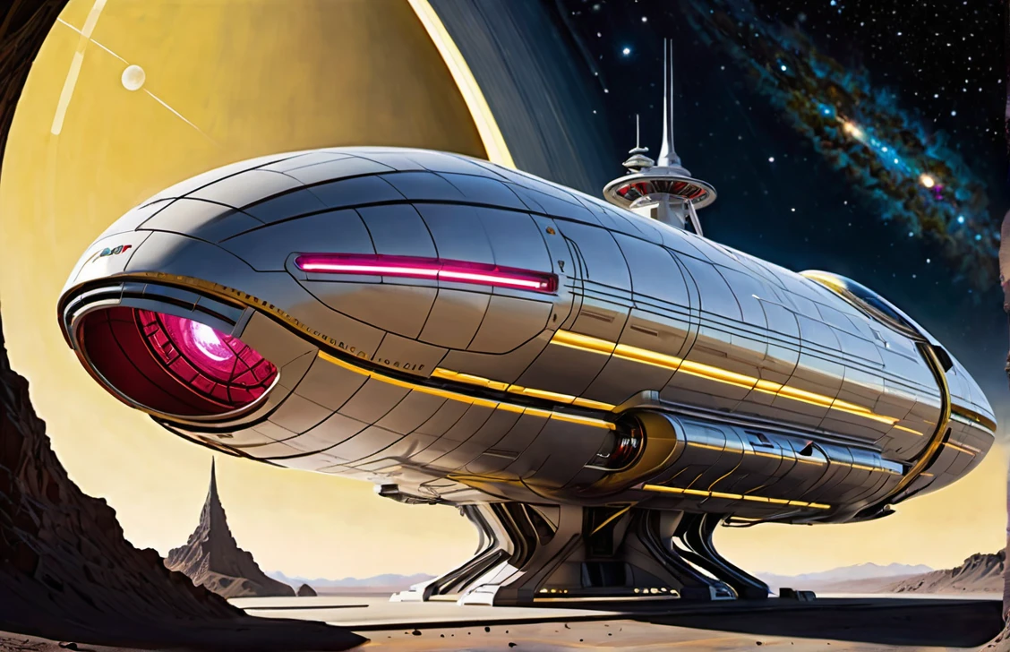 A  highly detailed, photorealist, hyperdetailed, masterpiece, seamlessly blending the artistic styles of J. Michael Straczynski and Leonardo Da Vinci.The subject of the new portrait showcases an extraordinary, futuristic sci-fi portrait of an immense starship. The primary colors of the starship are neon gold and ruby red, creating a striking contrast against the vastness of space. Cream-colored crystalline nacelles, elegantly angled at 75 degrees, emit a mesmerizing neon yellow light, adding to the ship's futuristic allure.The design of the starship draws inspiration from the visionary styles of Jules Verne, the intricate mechanical sketches of Leonardo Da Vinci, & Edgar Rice Burroughs. Its silhouette echoes the iconic Agamemnon from Babylon 5, featuring distinctive elements such as a rounded 1974 Winnebago-inspired cylindrical bridge. This bridge commands attention with its impressive dimensions: 108 feet in length, 72 feet in width, and towering 36 ft high above from the 48 ft cobalt platinum industrial supports, that come up from the base of the ship. Moving along the starship, the cylindrical middle section extends 36 ft in height,288 feet in length, and spans144 ft in width, showcasing intricate details and geometric patterns that reflect both artistic mastery and advanced technology.The mid section is only 24 ft, up from the base,with industrial wired platinum cobalt steel supports. The sleek design base, similar to a Freightliner, that stretches a staggering 576 ft in length,48 ft high , & 820 ft wide emphasizing the ship's immense scale and capability. Against the backdrop of deep space, speckled with distant stars and nebulae, the starship exudes a sense of grandeur and exploration. The play of light and shadow across its surfaces enhances the realism of the painting, highlighting every curve, panel, and intricate detail of its construction. This futuristic masterpiece invites viewers to imagine the possibilities of space exploration and tech