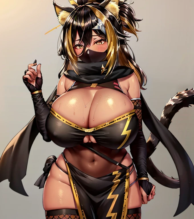  masterpiece, best quality, highres, hmnc1, animal ears, tail, dark brown eyes, shiny dark skin, huge breasts, Gigantic Sagging Breast, clevage, multicolored hair, hair ornament, fishnets, bridal gauntlets, mouth mask, black scarf, ponytail, black thighhighs, elbow gloves, pelvic curtain, sash, cowboy shot, blush:1.5, sweat, oily skin, 