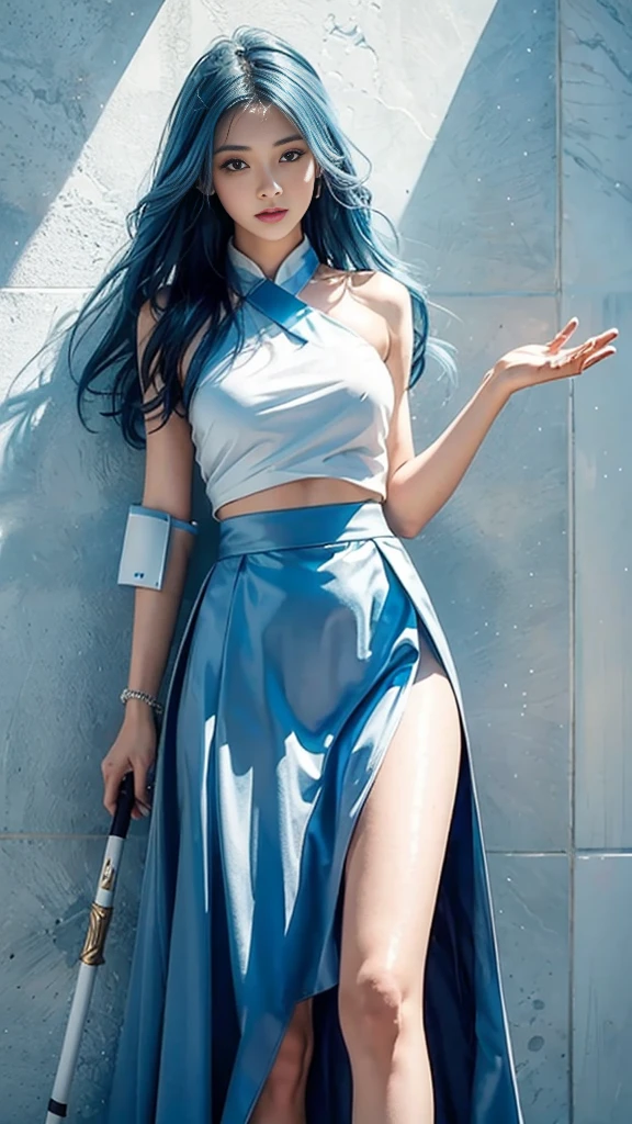 4K Ultra HD, Masterpiece, A girl with a magical aura, ((On front a white coloured Tiled Wall)) inside a large Water CAPSULE with water falling down and up around her is a Beautiful gil with long Light blue hair, a viel cover her face. she wears ancient long blue splited skirts on both sides of long skirt. Aslo wear a blue strapless tank top. The Character holds a scepter that has atoms blue sphere with molecules