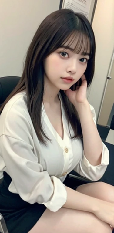 masterpiece, highest quality, 8k, 20th generation, Big Breasts, cute, alone, sad, cute, Girlish,cute 繊細な女の子, cute、Pure beauty,  RAW Photos, Professional photography, Portraiture, Soft Light, Professional Lighting, Backlight, Upper Body, avert your eyes, Sophisticated, Film Grain, (Eye and facial details:1.0), Floating Hair, beautiful, Flowing hair, Asymmetrical bangs、(Big Breasts:1.4)、Loose white blouse、Grayish color cardigan、You can see a little bit of her chest、Micro Mini Skirt、Voluptuous thighs、dolly make、Heterochromia iridis、Office at night、In front of the computer、sitting in an office chair、