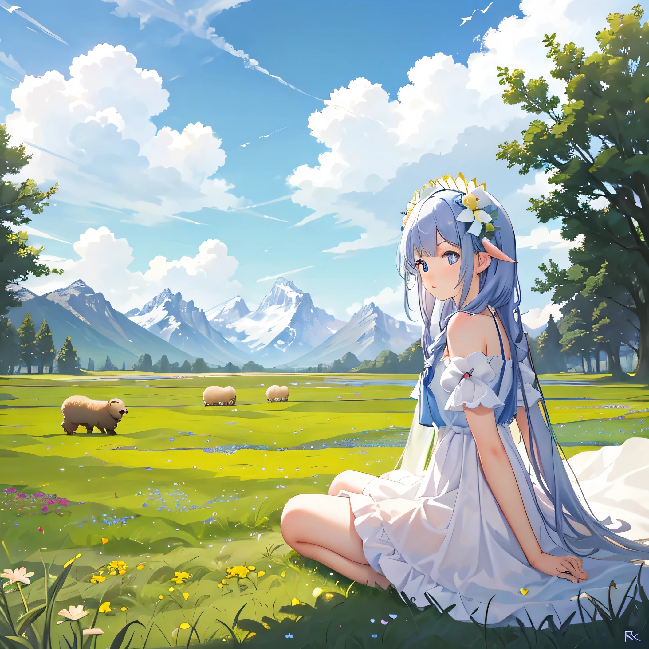 Summer, meadows, a few small flowers, clear lakes, sheep, heaven, large clouds, blue sky, hot weather, HD detail, hyper-detail, cinematic, surrealism, soft light, deep field focus bokeh, distant vistas are snowy mountains, ray tracing, and surrealism. --v6