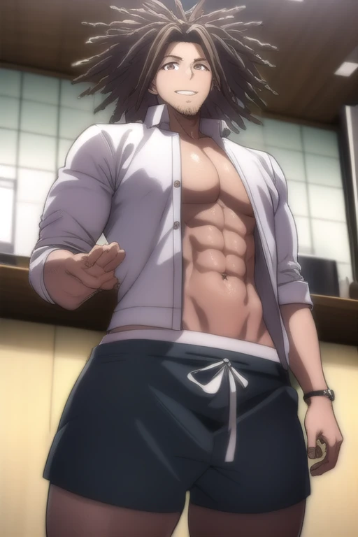 yasuhirohagakure, yasuhiro hagakure, bangs, brown hair, (brown eyes:1.3), male focus, facial hair, dreadlocks, smile, grin,
BREAK no clothing, nude, naked, massive non erect penis, thick penis, long penis, penis hanging down , long foreskin, huge balls, body hair, pubes, 
BREAK indoors, classroom,
BREAK looking at viewer, (cowboy shot:1.5),
BREAK (masterpiece:1.2), best quality, high resolution, unity 8k wallpaper, (illustration:0.8), (beautiful detailed eyes:1.6), extremely detailed face, perfect lighting, extremely detailed CG, (perfect hands, perfect anatomy),