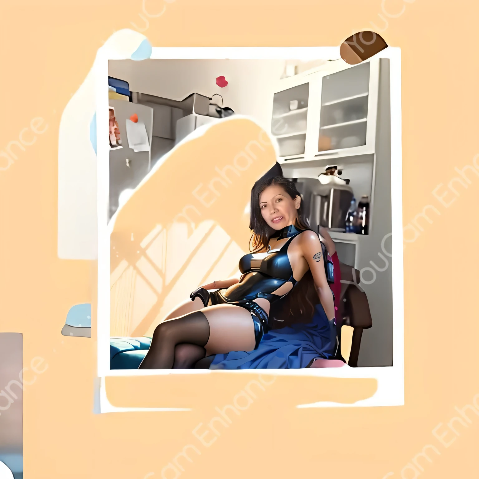 there is a woman sitting on a couch in a room, post processed denoised, sitting on the sofa, sitting in her room, she is posing, photorealistic picture, lone female goddess, inspired by Constance Gordon-Cumming, lara croft relaxing, various lacivious seducing poses, tracer in a skintight dress, succubus in tight short dress