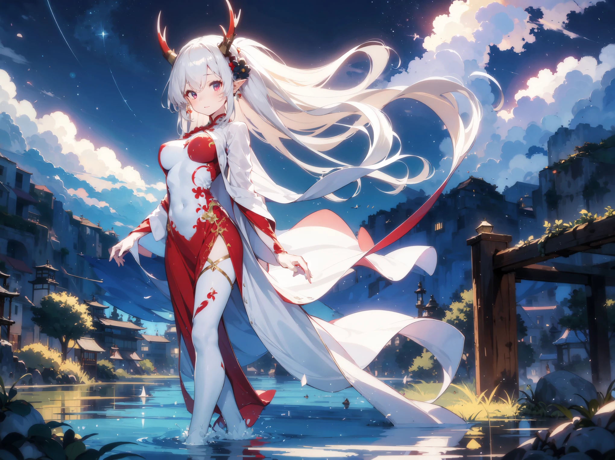 (best quality, highres, masterpiece : 1.4), (flatten art : 0.8), masterpiece, (best quality), dark environment, 1woman, anime, long hair, white hair, straight hair, horns, pale skin, deep red eyes, pointy ears, white ao dai, tall, medium sized breast, enticing face, (detailed face), solo, lake, mystical atmosphere, night, walking on water
