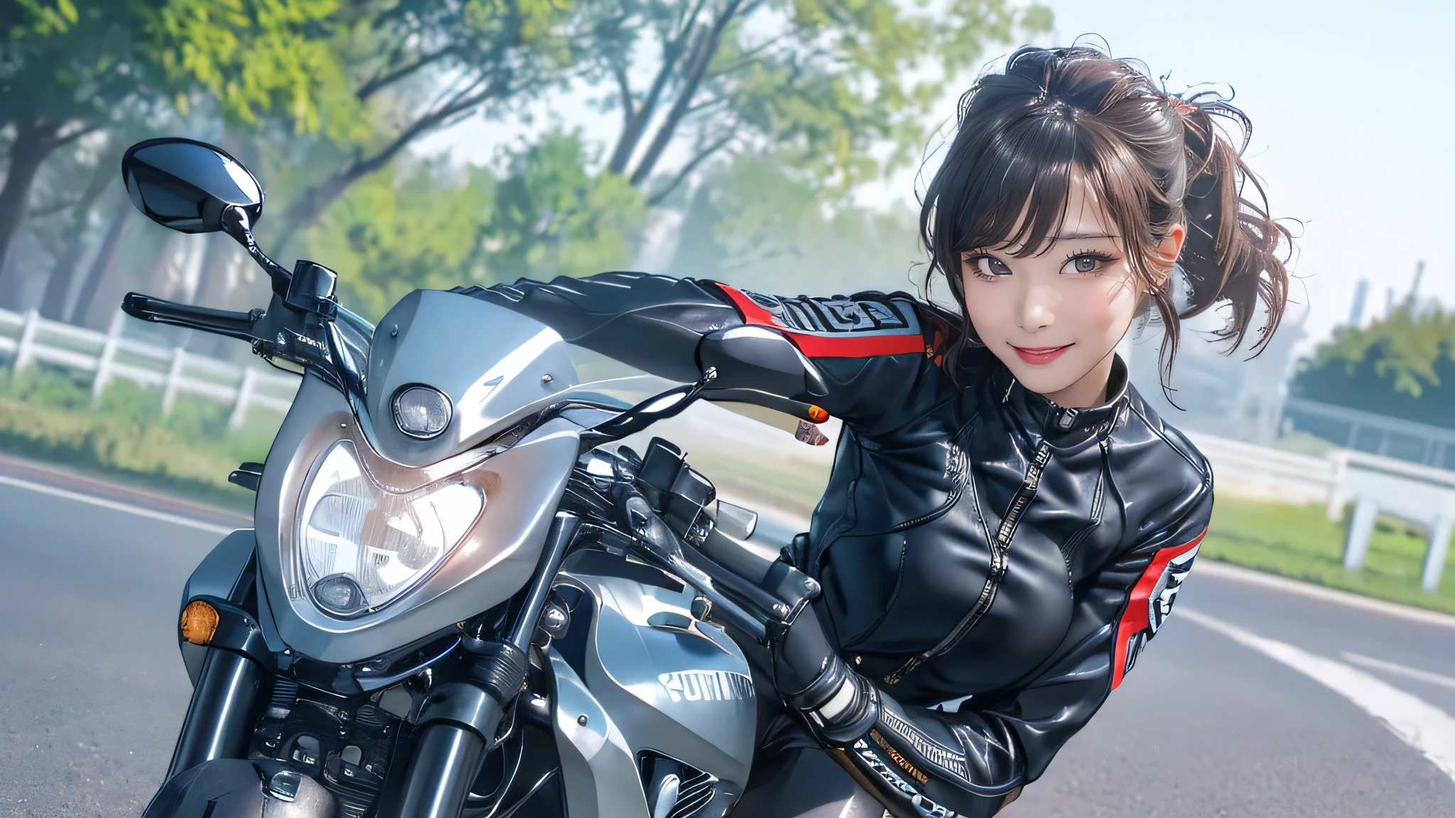 (girl riding a motorcycle:1.2),(random hairstyle),(Highest image quality,(8K), Ultra-realistic, Best Quality, High quality, High Definition, high quality texture, high detailing, Beautiful detailed, fine detailed, extremely details CG, Detailed texture, realistic representation of face, masterpiece, presence)