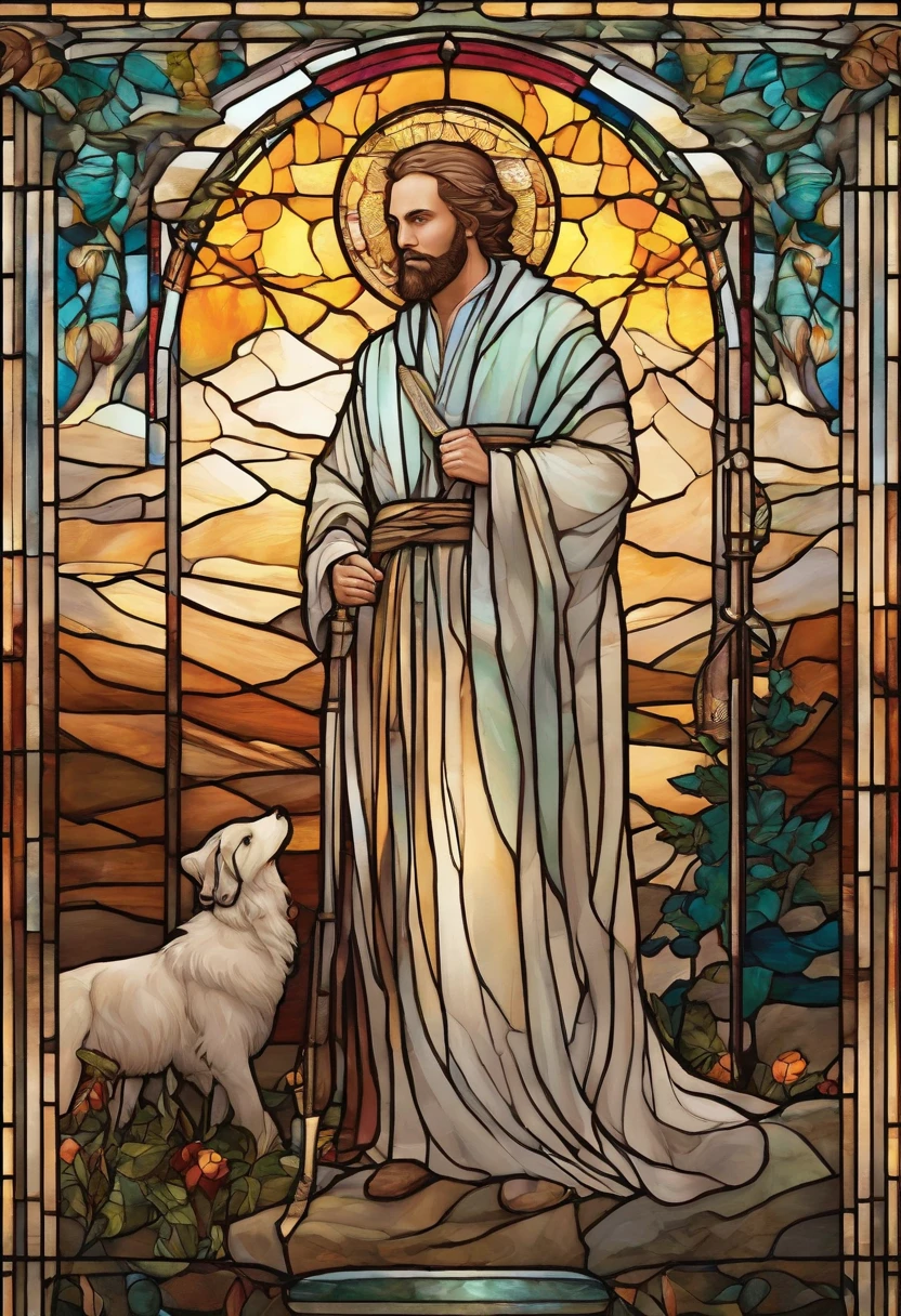 A beautiful detailed portrait of a man in a flowing robe, serene expression, holding a shepherd's crook, majestic landscape in the background, divine light shining down, highly detailed, cinematic, dramatic lighting, muted color palette, photorealistic, 8k, masterpiece