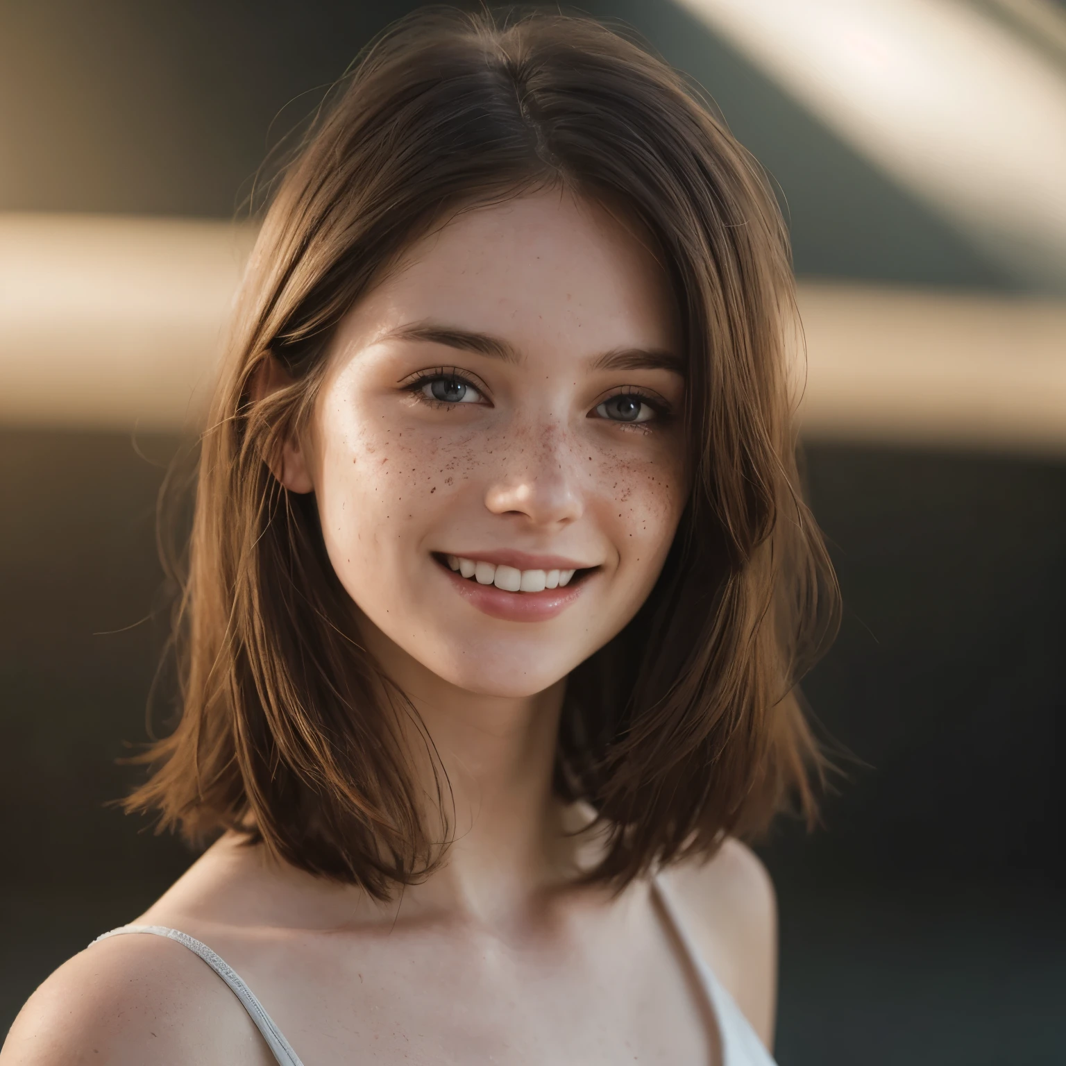 young brunette woman, extra pale skin, freckles, dramatic lighting with shadows, grinning,