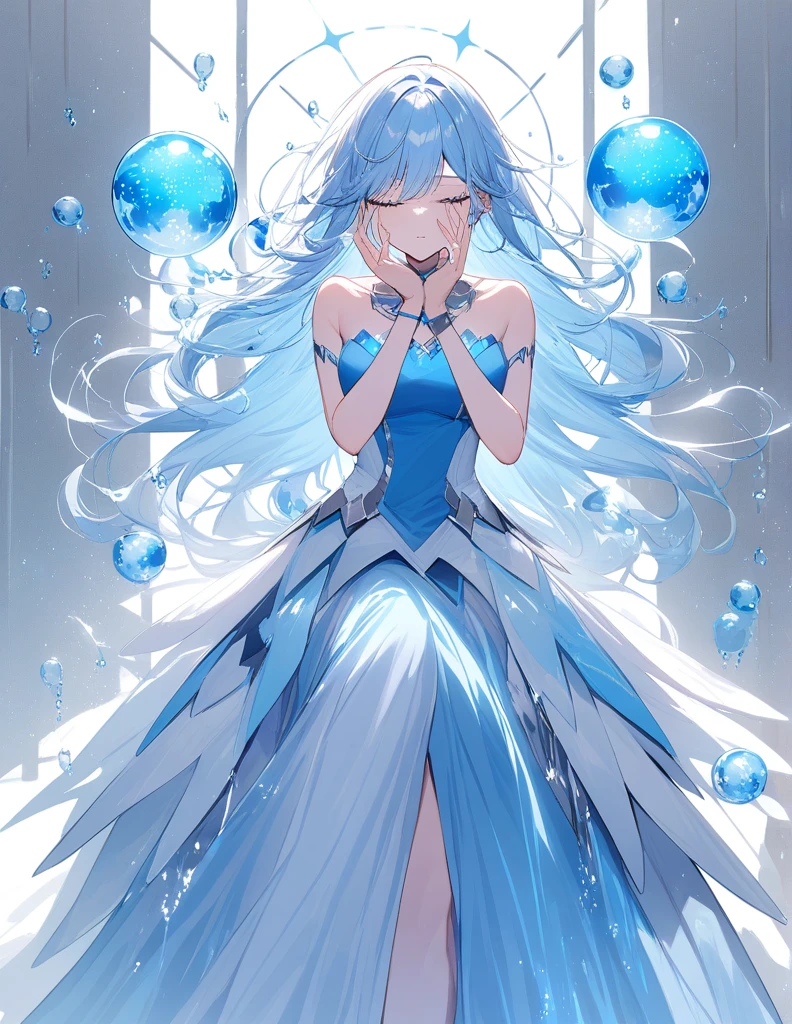 ((On front a white coloured Tiled Wall)) inside a large Water CAPSULE with water falling down and up around her is a Beautiful gil with long Light blue hair, a viel cover her face. she wears ancient long blue splited skirts on both sides of long skirt. Aslo wear a blue strapless tank top. The Character holds a scepter that has atoms blue sphere with molecules