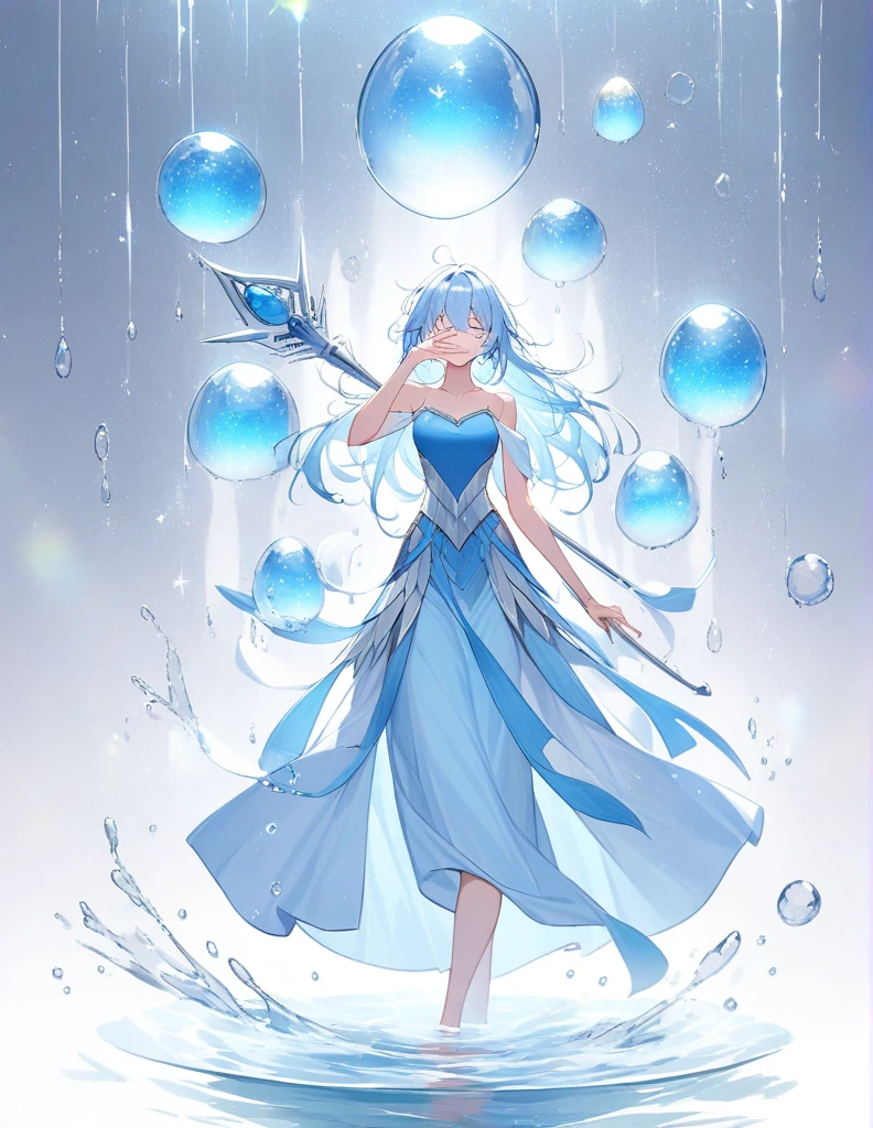 ((On front a white coloured Tiled Wall)) inside a large Water CAPSULE with water falling down and up around her is a Beautiful gil with long Light blue hair, a viel cover her face. she wears ancient long blue splited skirts on both sides of long skirt. Aslo wear a blue strapless tank top. The Character holds a scepter that has atoms blue sphere with molecules