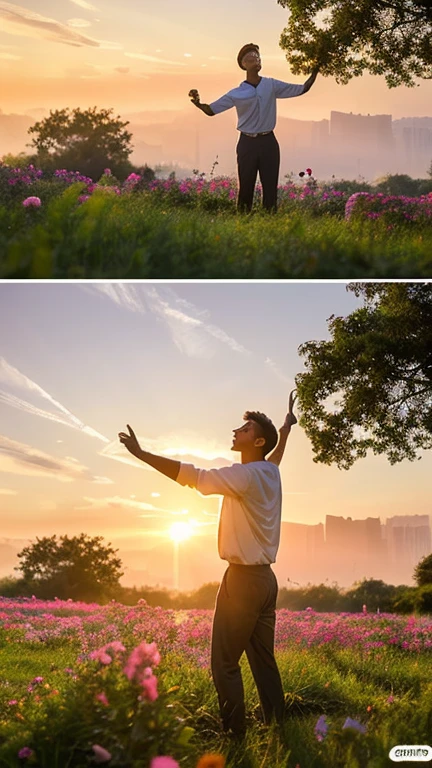 Create an uplifting morning scene that conveys the message "Good morning, let's do our best today!" Include a rising sun, a vibrant sky, and a person with a confident and enthusiastic expression. The person should be standing in a natural setting, such as a field or park, with some elements like flowers or trees to enhance the positive atmosphere.
