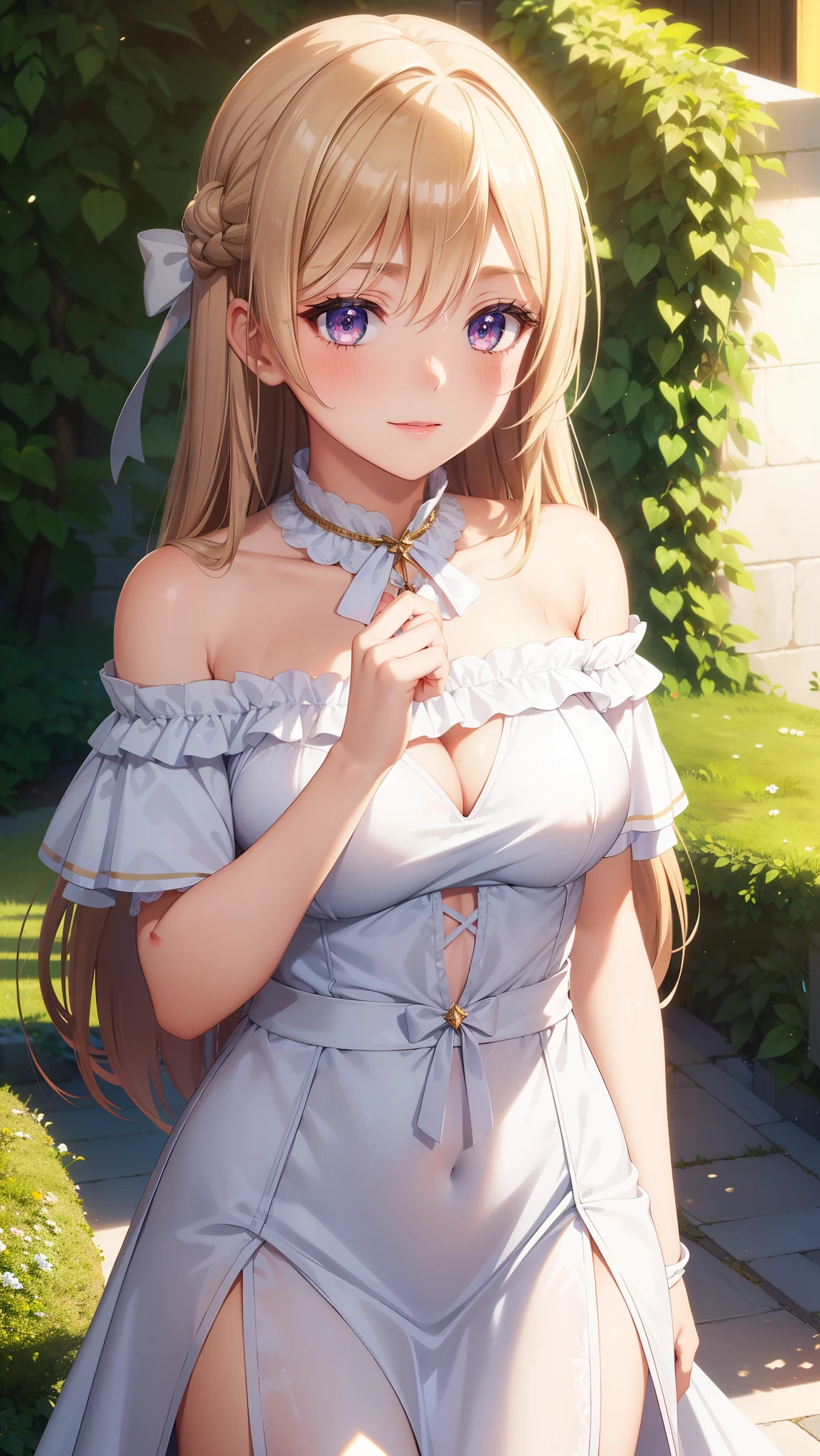1girl, natural lighting, masterpiece, highly detailed, illustration, game CG, absurdres, high quality, beautiful detailed eyes, glossy lips, natural lighting, medium breasts, klaudia valentz, lace, blush, light smile, garden, white dress, side slit, off the shoulder