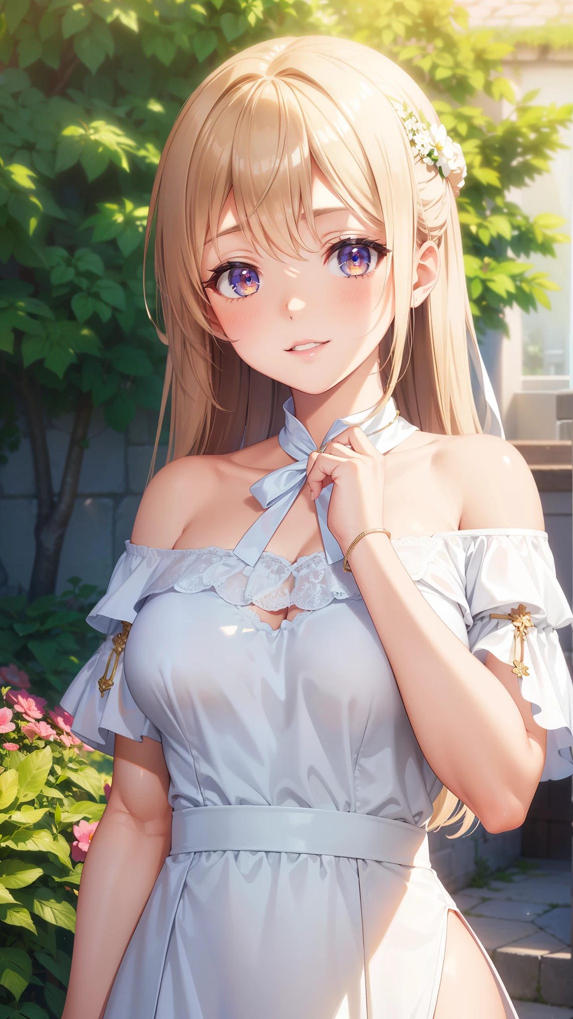 1girl, natural lighting, masterpiece, highly detailed, illustration, game CG, absurdres, high quality, beautiful detailed eyes, glossy lips, natural lighting, medium breasts, klaudia valentz, lace, blush, light smile, garden, white dress, side slit, off the shoulder