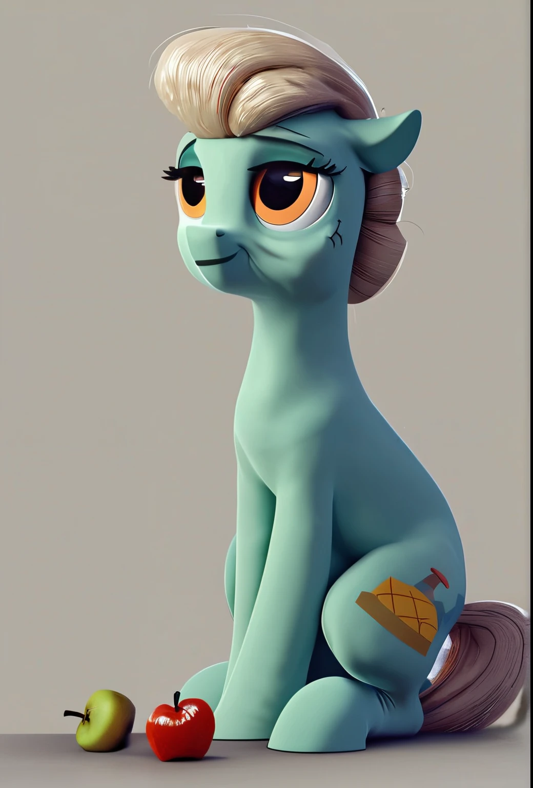 check_9, check_8_up, check_7_up, check_6_up, check_5_up, check_4_up, show exact,Female gender, old pony innkeeper all wrinkled, pear, new, Apple pie, brown and beige mane, blue gray coat color, turquoise eyes, Cutimark = scroll,dark fantasy aesthetics, one full length, old pony as Granny Smith