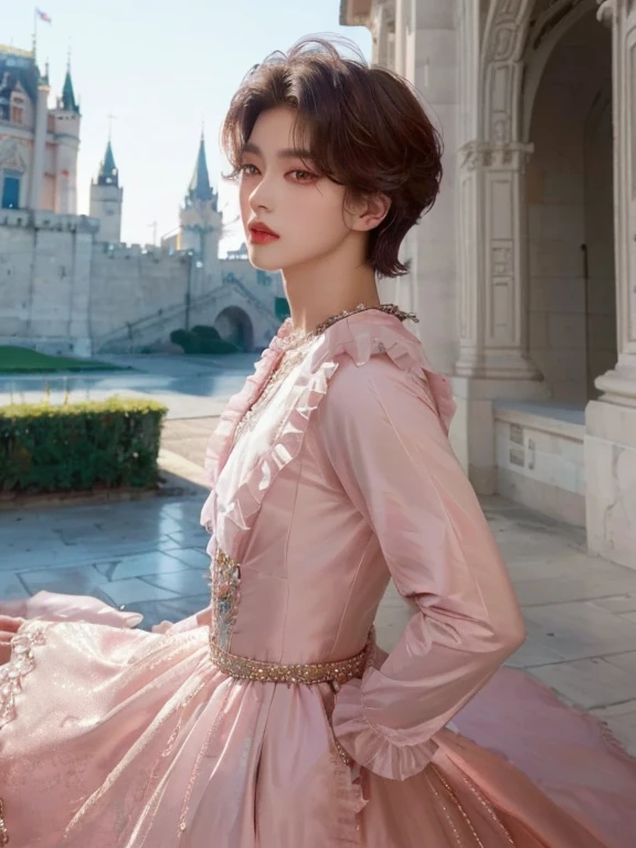 Homem afeminado com vestido rosa em frente a um castelo, delicate androgynous prince, Handsome androgynous prince, pose elegante real, Palace, com cabelo curto, historical baroque dress, big eyes, effeminate boy, handsome eyes and lips, asian, korean boy, round face, Asian, rosto redondo, rosto angelical, olhos de fada