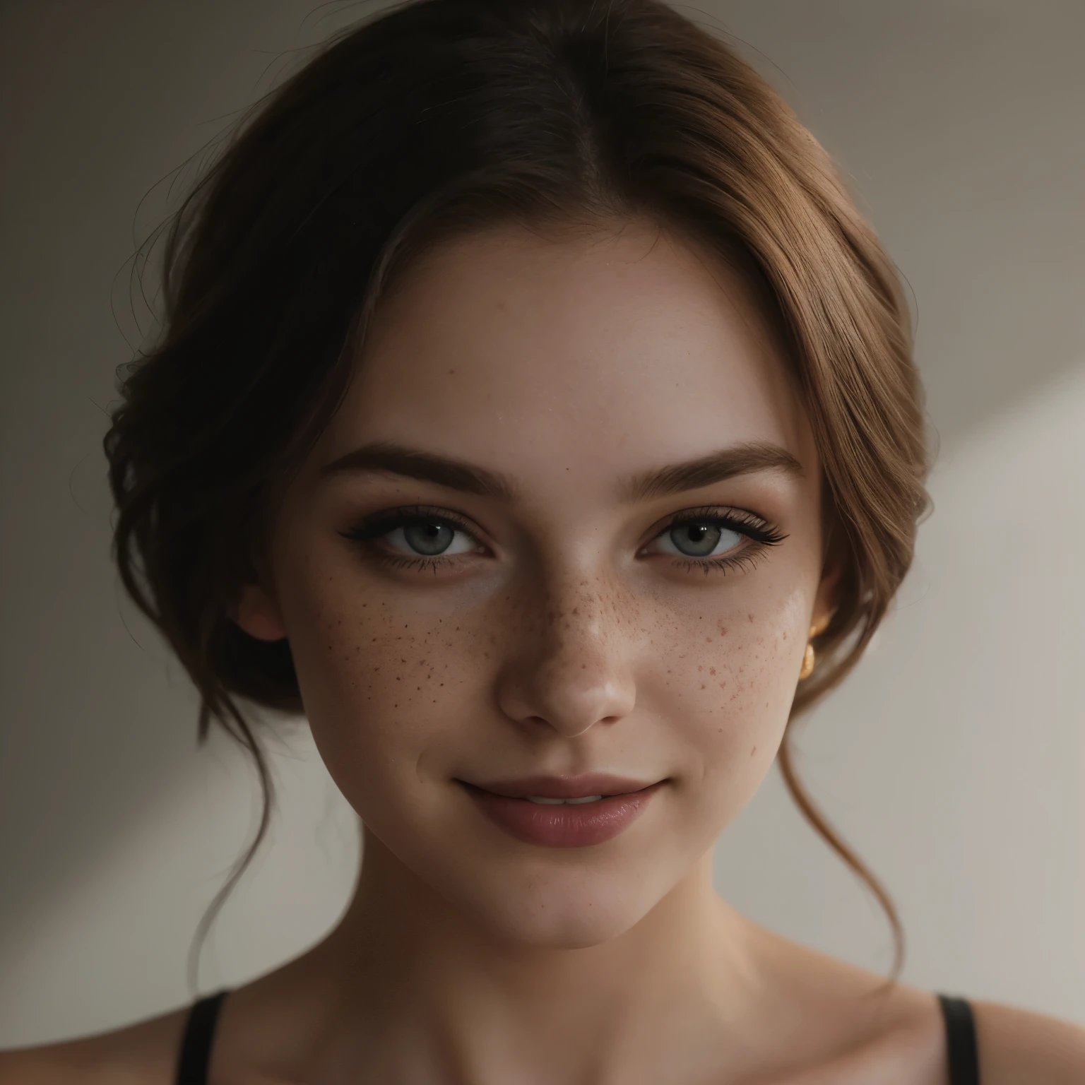  young brunette woman, extra pale skin, freckles, dramatic lighting with shadows, smiling, eyeshadow and eyeliner, dark lipstick