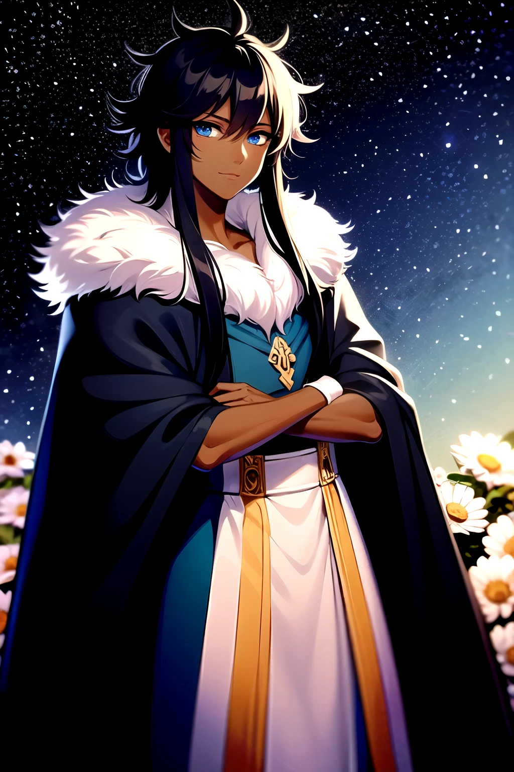 dark skin, tan skin, blue eyes, black hair, long hair, messy hair, fluffy hair, fluffy bangs, brown cape, white flowers, starry sky, male, masculine, pretty, bishounen, cape, cloak, dreamcatcher, feathered robes, merlin fgo, wild hair, spikey hair, very long hair, shaggy hair, bangs, happy