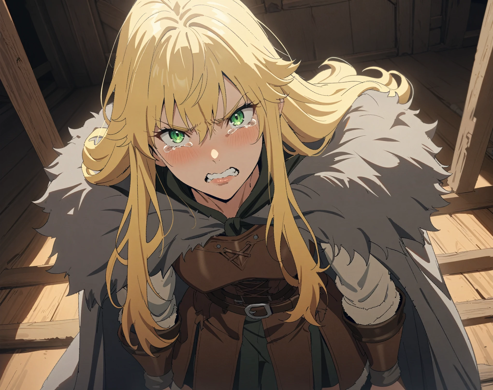 (Masterpiece, best quality, highres) {{Artist: Sincos}} 1 woman, mature, viking, muscular, 30 years old, tomboy, tall, strong, fair skin, sharp eyes, green eyes, long hair, shaggy hair, blonde hair, lips, furious, tears in eyes, looking at camera, leather armor, gray fur cloak, in viking hall, standing straight, taller than camera, pov, medieval fantasy.