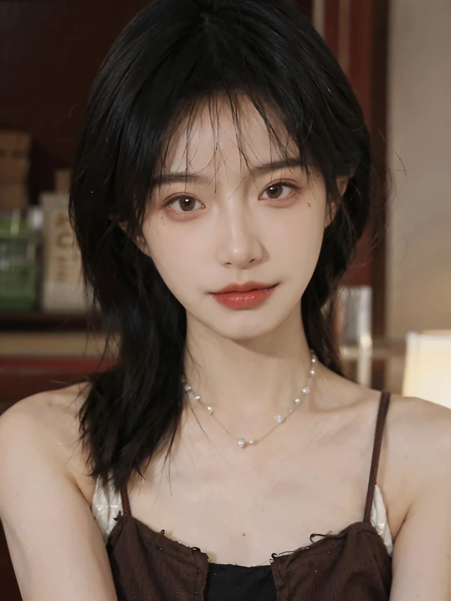 Film portrait photography, 1 girl, bare shoulders,lipstick,(flat chest:1.4), wear necklace,Cute expression,Exquisite makeup,Red suspenders,serene, calm, (Realistic and detailed eyes, natural skin texture, Realistic facial details), Soft dramatic lighting, depth of field, Bokeh, Vibrant details, Detailed and detailed, surreal, 35mm film, hazy, ,
